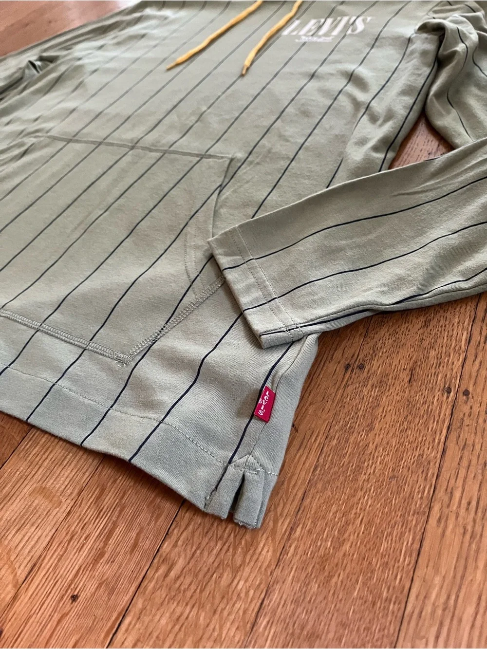 Levi's Olive Green Pinstripe Hooded Pullover with Yellow Drawstrings